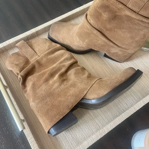 Steve Madden Pia Tan Suede Leather Stacked Heel Boots