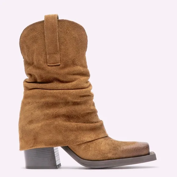Steve Madden Pia Tan Suede Leather Stacked Heel Boots