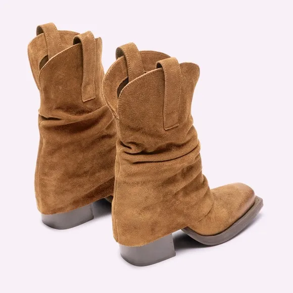 Steve Madden Pia Tan Suede Leather Stacked Heel Boots