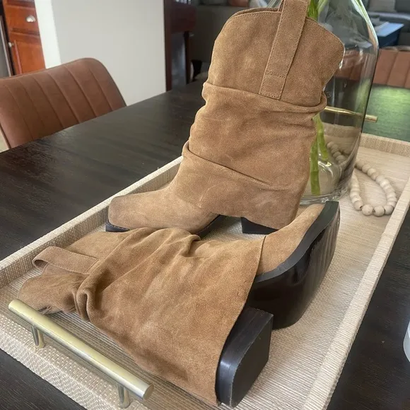 Steve Madden Pia Tan Suede Leather Stacked Heel Boots