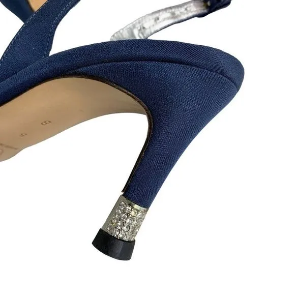 St John Satin Crystal Mid Rise Sandal Heels Sz 5 B Italy Blue Shoes New 6289