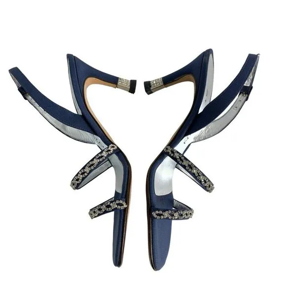 St John Satin Crystal Mid Rise Sandal Heels Sz 5 B Italy Blue Shoes New 6289