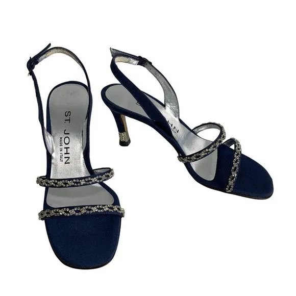 St John Satin Crystal Mid Rise Sandal Heels Sz 5 B Italy Blue Shoes New 6289