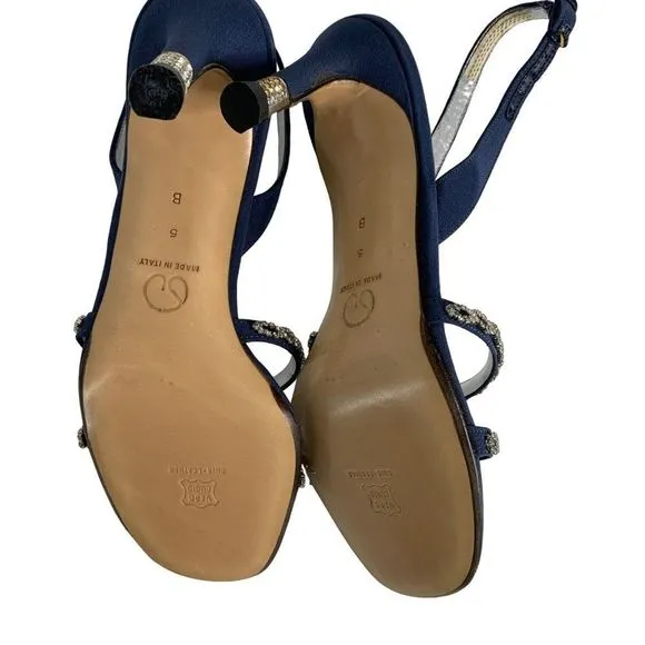 St John Satin Crystal Mid Rise Sandal Heels Sz 5 B Italy Blue Shoes New 6289