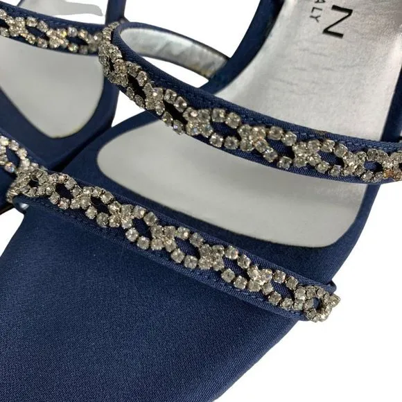 St John Satin Crystal Mid Rise Sandal Heels Sz 5 B Italy Blue Shoes New 6289