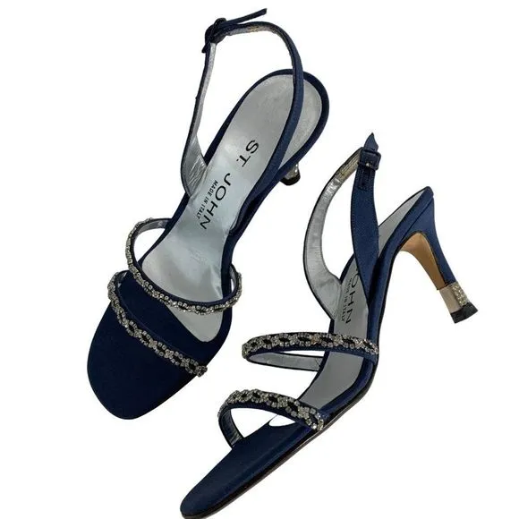 St John Satin Crystal Mid Rise Sandal Heels Sz 5 B Italy Blue Shoes New 6289