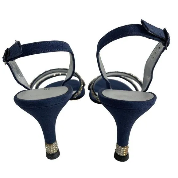 St John Satin Crystal Mid Rise Sandal Heels Sz 5 B Italy Blue Shoes New 6289