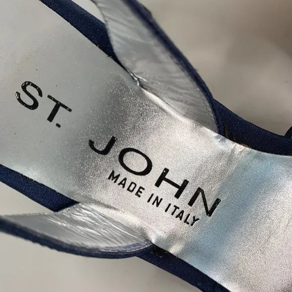St John Satin Crystal Mid Rise Sandal Heels Sz 5 B Italy Blue Shoes New 6289