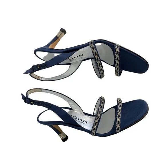 St John Satin Crystal Mid Rise Sandal Heels Sz 5 B Italy Blue Shoes New 6289