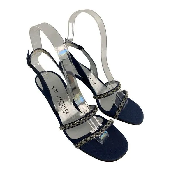 St John Satin Crystal Mid Rise Sandal Heels Sz 5 B Italy Blue Shoes New 6289