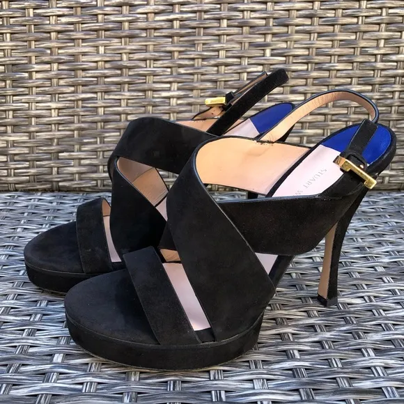 Stuart Weitzman Black Suede Crisscross Heel Sandal Size 39.5EU NEW