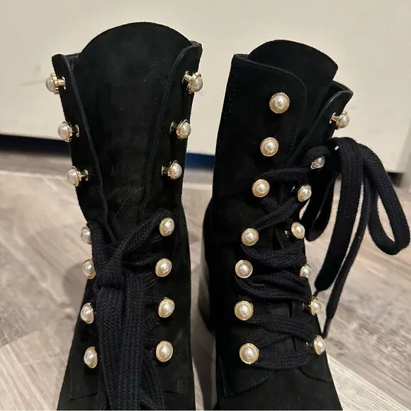 STUART WEITZMAN Boots Women Size 10 Ivey Suede Combat Pearl Button Black Bootie