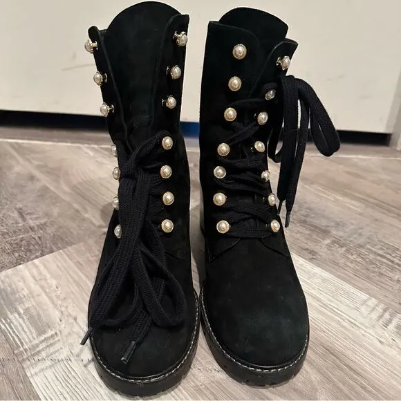 STUART WEITZMAN Boots Women Size 10 Ivey Suede Combat Pearl Button Black Bootie