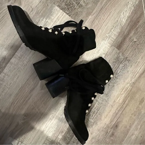 STUART WEITZMAN Boots Women Size 10 Ivey Suede Combat Pearl Button Black Bootie