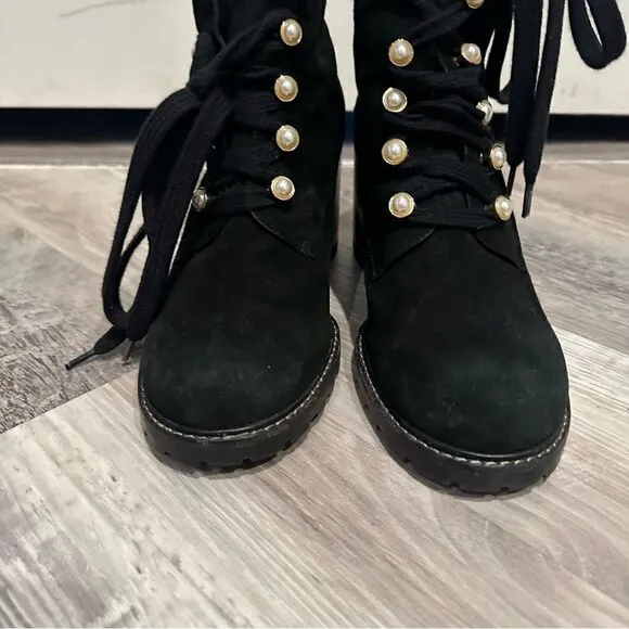 STUART WEITZMAN Boots Women Size 10 Ivey Suede Combat Pearl Button Black Bootie