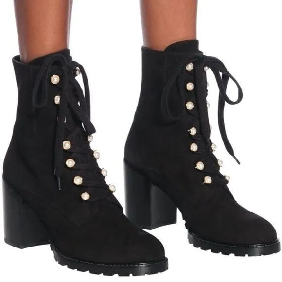 STUART WEITZMAN Boots Women Size 10 Ivey Suede Combat Pearl Button Black Bootie