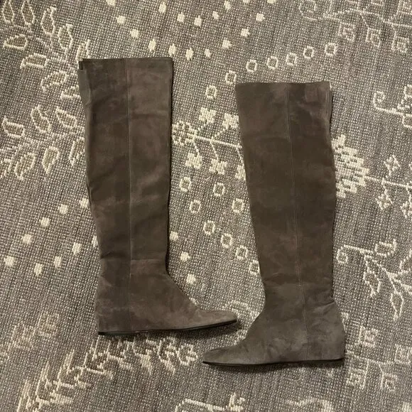 Stuart Weitzman Elf boots over the knee suede grey 9.5M wedge exposed zipper