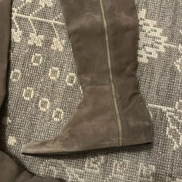 Stuart Weitzman Elf boots over the knee suede grey 9.5M wedge exposed zipper