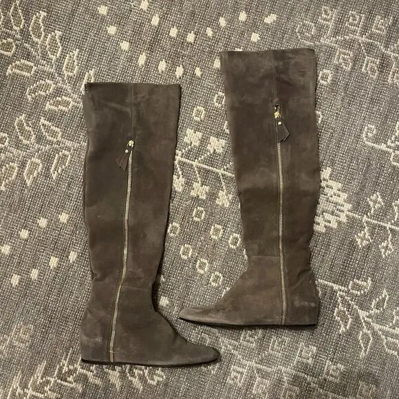 Stuart Weitzman Elf boots over the knee suede grey 9.5M wedge exposed zipper