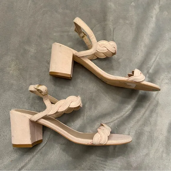 Stuart Weitzman Twistie Pink Suede Block Heel Ankle Strap Sandals Size 7B