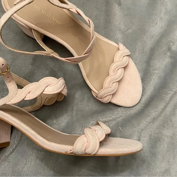 Stuart Weitzman Twistie Pink Suede Block Heel Ankle Strap Sandals Size 7B
