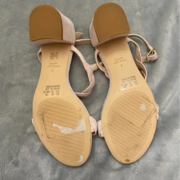 Stuart Weitzman Twistie Pink Suede Block Heel Ankle Strap Sandals Size 7B