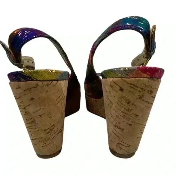 Stuart Weitzman Women's Jean Tinsel Multicolor Wedge Sandals Size 7.5 Peep Toe