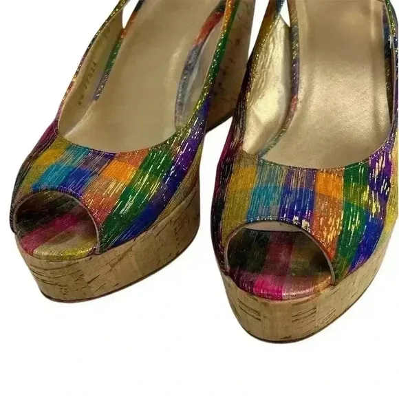 Stuart Weitzman Women's Jean Tinsel Multicolor Wedge Sandals Size 7.5 Peep Toe