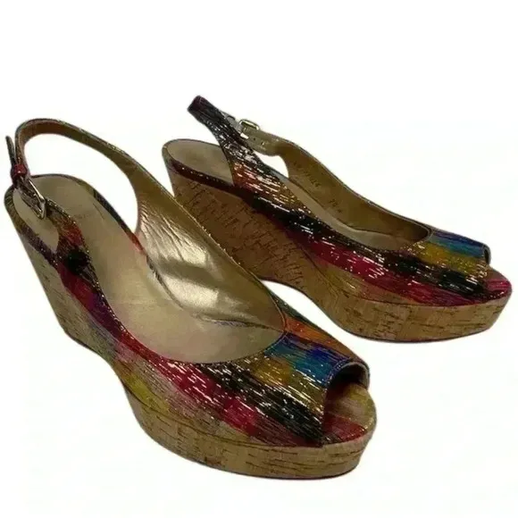 Stuart Weitzman Women's Jean Tinsel Multicolor Wedge Sandals Size 7.5 Peep Toe