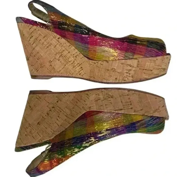 Stuart Weitzman Women's Jean Tinsel Multicolor Wedge Sandals Size 7.5 Peep Toe