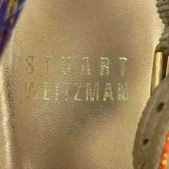 Stuart Weitzman Women's Jean Tinsel Multicolor Wedge Sandals Size 7.5 Peep Toe