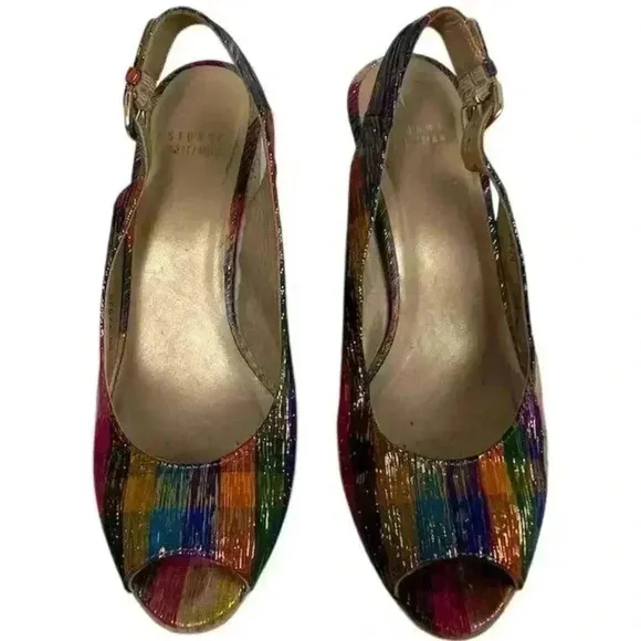 Stuart Weitzman Women's Jean Tinsel Multicolor Wedge Sandals Size 7.5 Peep Toe