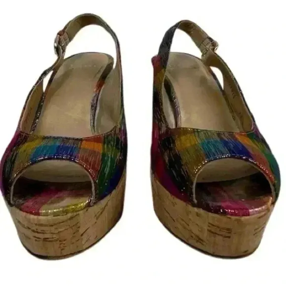 Stuart Weitzman Women's Jean Tinsel Multicolor Wedge Sandals Size 7.5 Peep Toe