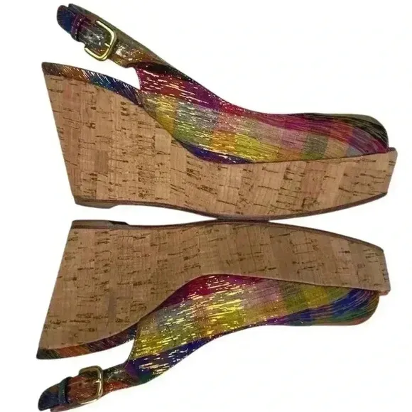 Stuart Weitzman Women's Jean Tinsel Multicolor Wedge Sandals Size 7.5 Peep Toe
