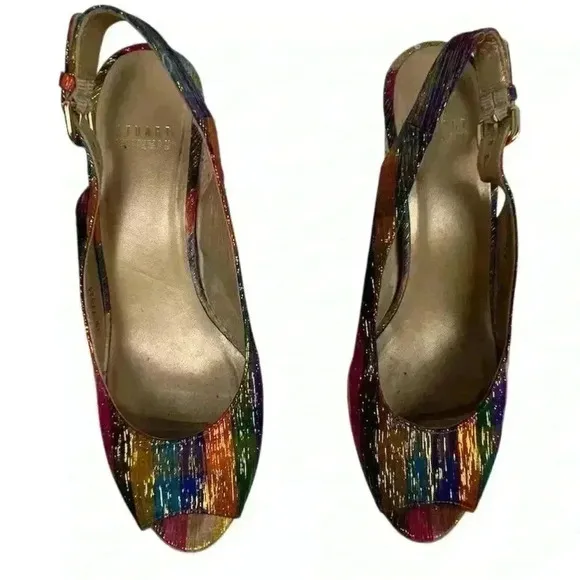 Stuart Weitzman Women's Jean Tinsel Multicolor Wedge Sandals Size 7.5 Peep Toe