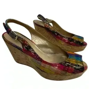 Stuart Weitzman Women's Jean Tinsel Multicolor Wedge Sandals Size 7.5 Peep Toe