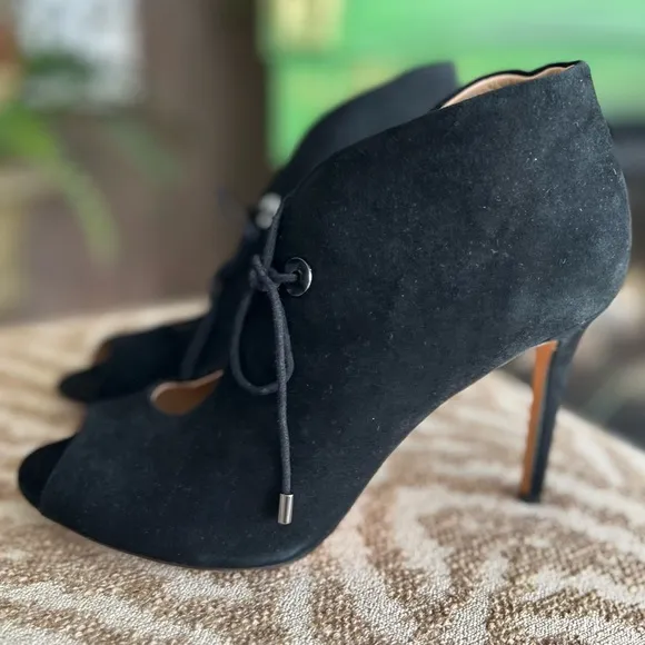 Suede black shoes peep toe heels booties lace detail