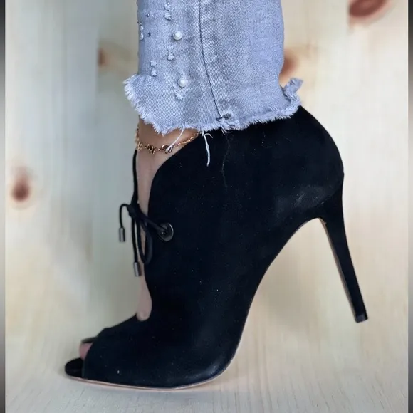 Suede black shoes peep toe heels booties lace detail