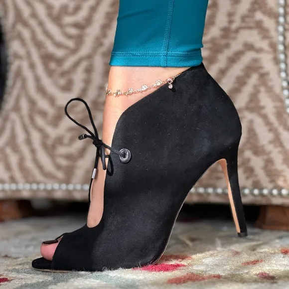 Suede black shoes peep toe heels booties lace detail