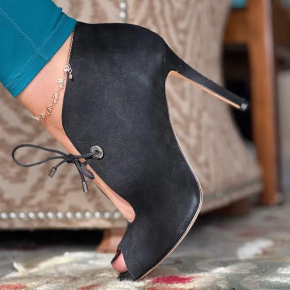 Suede black shoes peep toe heels booties lace detail