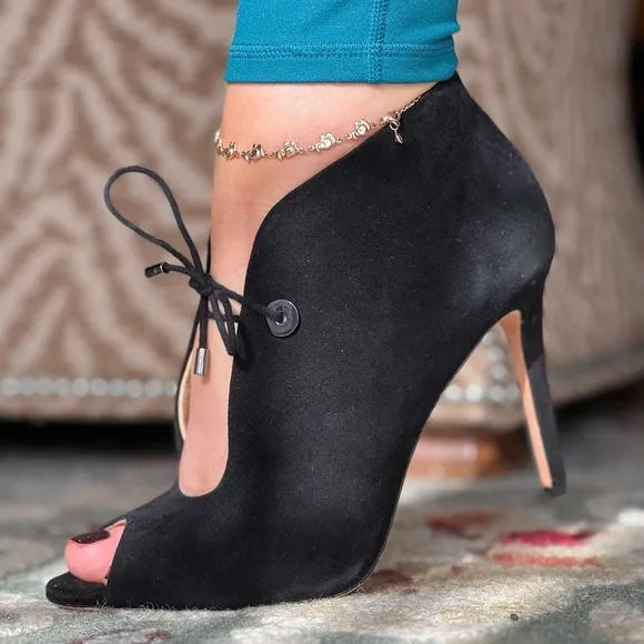 Suede black shoes peep toe heels booties lace detail