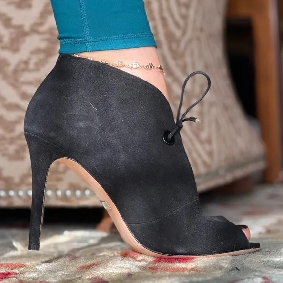 Suede black shoes peep toe heels booties lace detail