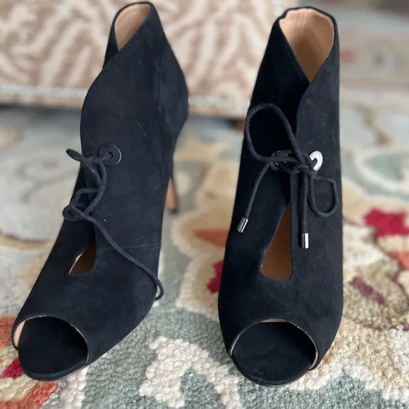 Suede black shoes peep toe heels booties lace detail