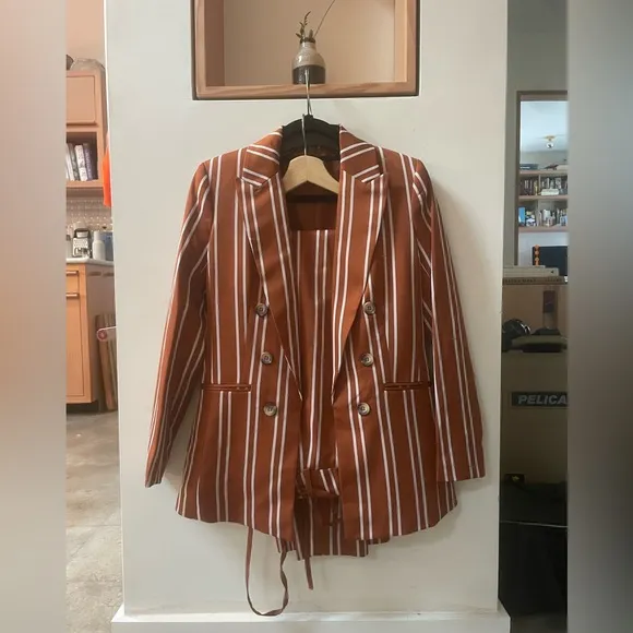 Suit Set: Women's Double Breasted Striped Blazer &amp; Wide Leg Pinstripe Brown NWOT
