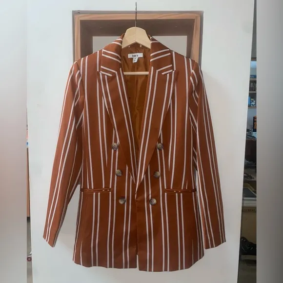 Suit Set: Women's Double Breasted Striped Blazer &amp; Wide Leg Pinstripe Brown NWOT