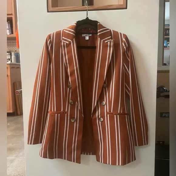 Suit Set: Women's Double Breasted Striped Blazer &amp; Wide Leg Pinstripe Brown NWOT