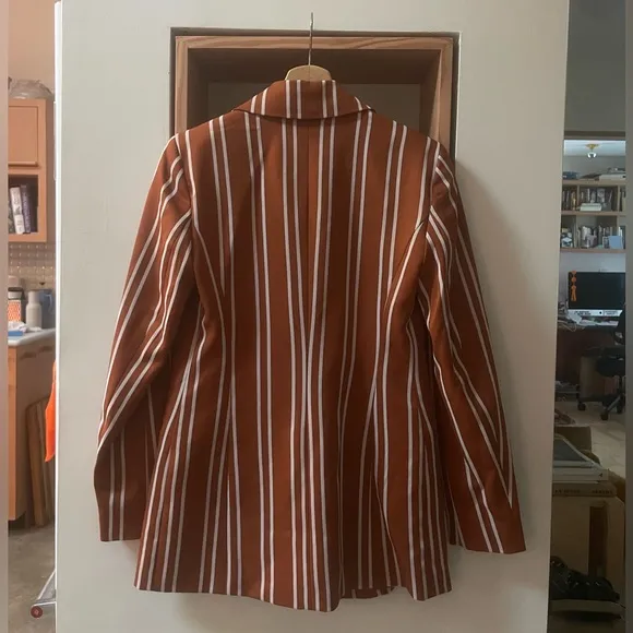 Suit Set: Women's Double Breasted Striped Blazer &amp; Wide Leg Pinstripe Brown NWOT