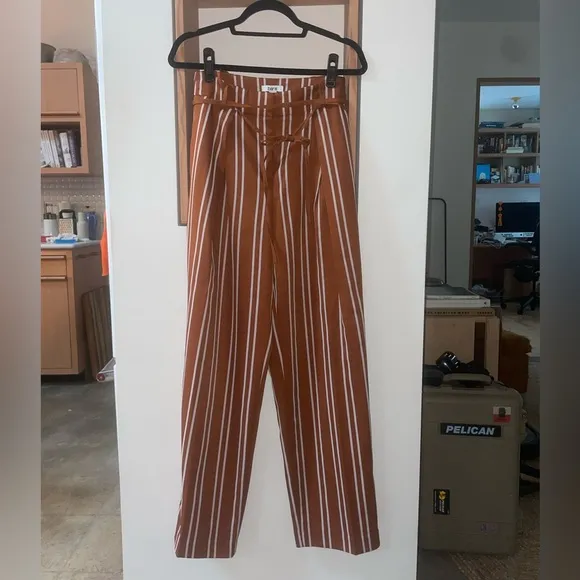 Suit Set: Women's Double Breasted Striped Blazer &amp; Wide Leg Pinstripe Brown NWOT