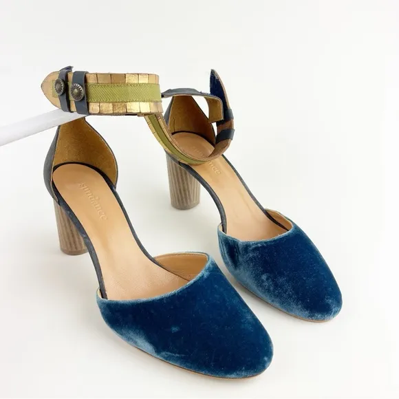 Sundance Aurora Blue Velvet Ankle Strap Heels Size 39 8.5