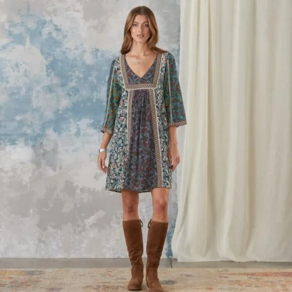Sundance Sweet Whispers Boho Mini Dress Floral Mixed Print 3/4 Sleeve V-Neck